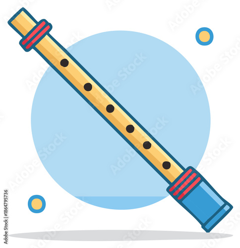 Isolated wooden flute with finger holes, traditional wind instrument in vector illustration