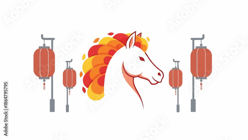 Illustration of a white horse's head with a vibrant, flame-patterned mane surrounded by hanging red lanterns on a clean white background.
