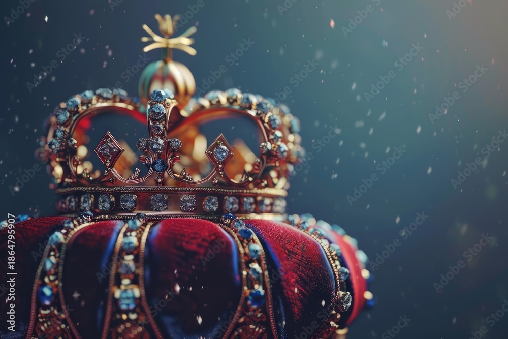 Fototapeta premium Golden royal crown adorned with glittering jewels, resting on a luxurious red velvet cushion, symbolizing monarchy and power