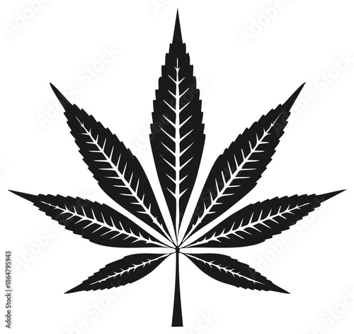 Stylized Black Marijuana Leaf Silhouette with Intricate Vein Detailing