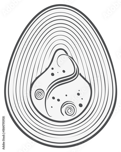 Abstract line art illustration of a cosmic egg with a spiritual embryo symbol
