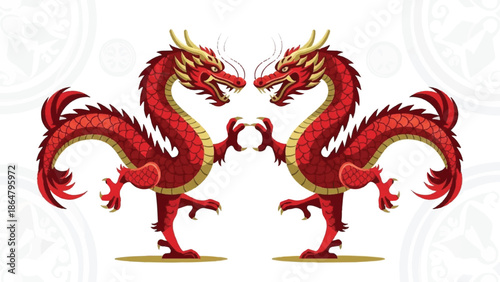 Two red and gold dragons facing each other on a white background with a symbolic gesture.