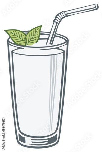 Refreshing tall glass of white drink with straw and mint leaves illustration