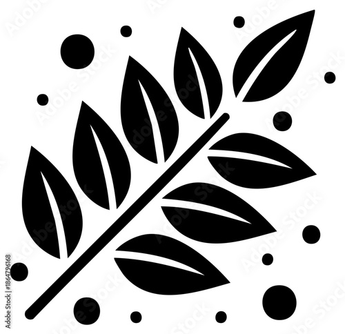 Minimalist black plant branch with leaves and dots vector icon