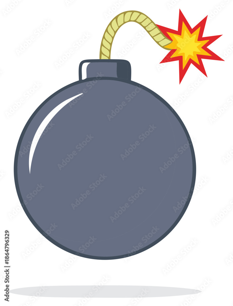 Obraz premium Classic round cartoon bomb with a lit fuse and a bursting explosion symbol