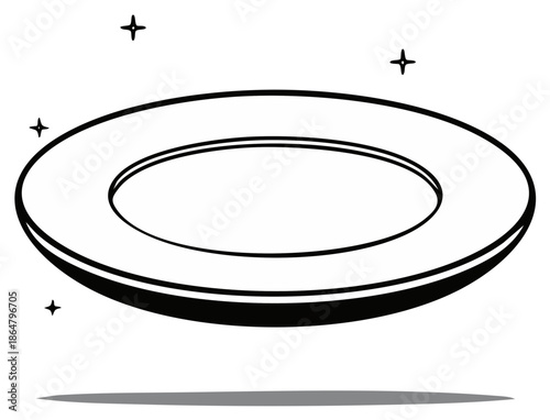 Minimalist black and white floating disk illustration with star sparkles and shadow