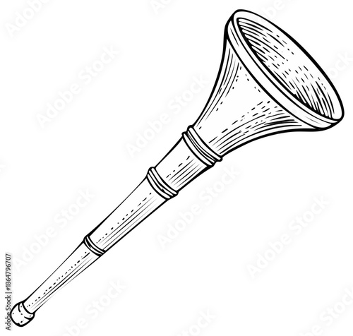 Vintage style horn musical instrument in black and white engraving art