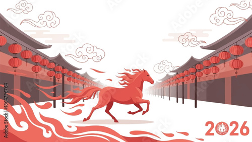 Illustration of a red horse running through a traditional Chinese courtyard with lanterns and a modern year marker for 2026.