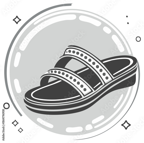 Graphic Illustration of Sandal with Dots and Lines Inside Decorative Circle Element