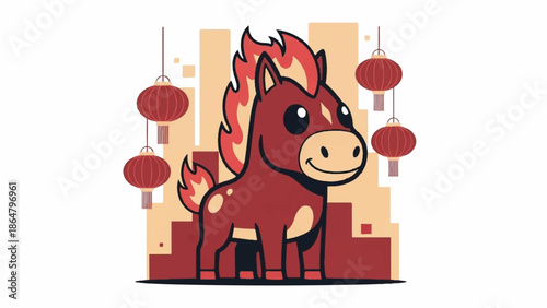 A cartoon-style illustration of a red horse with flame-like mane standing against a cityscape with hanging red lanterns in a vibrant and festive atmosphere.