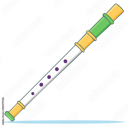 Cartoon Green and Yellow Recorder with Finger Holes, Traditional Woodwind Instrument, Music Education, Kids Art