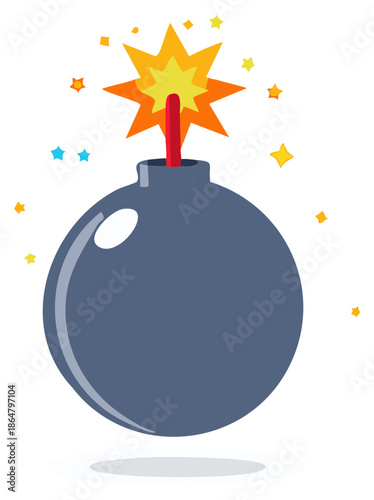 Cartoon bomb with lit fuse sparking bright stars around it ready to explode