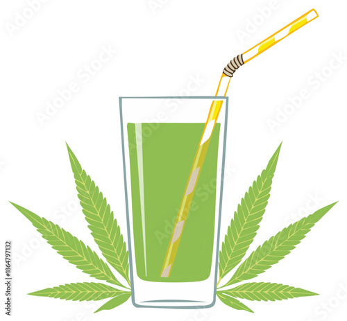 Refreshing Green Drink in Glass with Striped Straw and Cannabis Leaves Illustration
