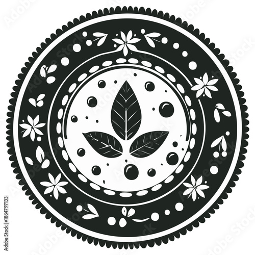 Circular Ornamental Design with Leaves and Floral Motifs