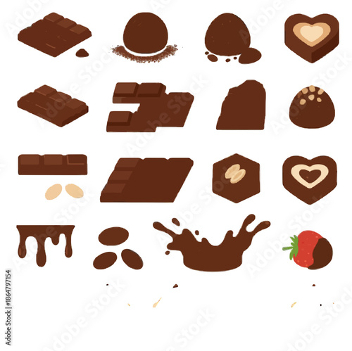 Set of premium chocolate realistic illustrations, dark and milk cocoa treats, truffles, bars, and melting splash