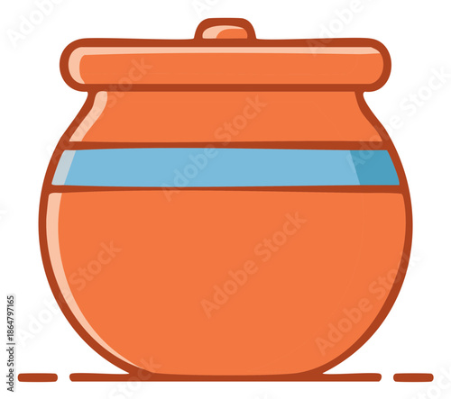 Stylized Orange Ceramic Pot with Blue Stripe and Lid