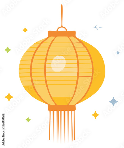 Traditional yellow lantern illustration with festive sparkling light effect and decorative tassels