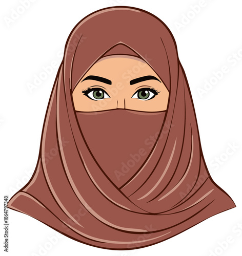 Vector portrait of a woman wearing traditional brown hijab and niqab with beautiful green eyes
