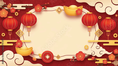 Digital illustration of a vibrant Chinese New Year background with red lanterns, golden coins, and decorative elements on a red and beige color scheme.