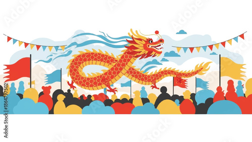 Illustration of a vibrant dragon dance performance with a crowd of people waving flags and banners in a festive setting with a bright and colorful atmosphere.