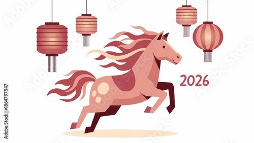 Illustration of a running horse with flowing mane under hanging lanterns and the year 2026 on a white background.