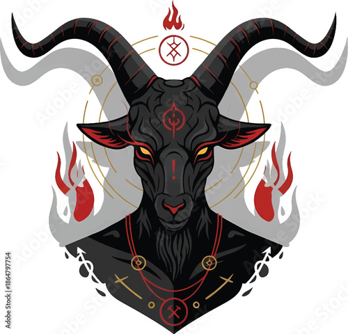 Mystical black goat with horns and red flames in a symbolic illustration from a frontal viewpoint