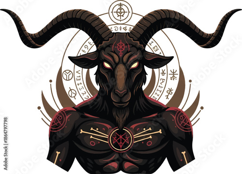 A mystical goat creature with horns and red markings stands in a symbolic circle
