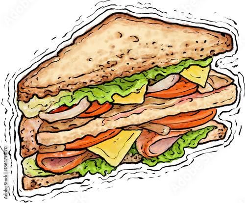 Hearty double-decker sandwich with lettuce, tomato, cheese, ham, and bacon, hand-drawn illustration with transparent background