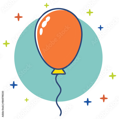 Orange Balloon with Party Stars and Teal Circle