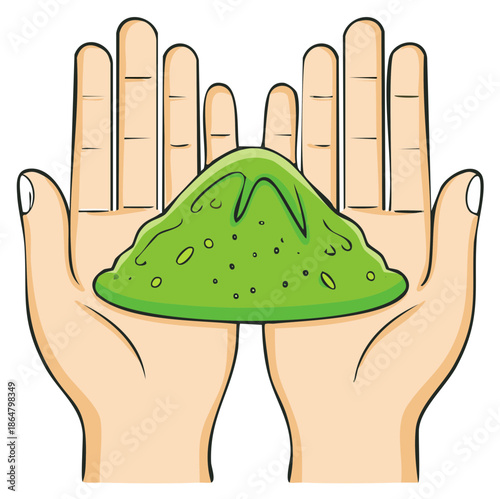 Cartoon illustration of two hands holding a pile of green matcha tea powder