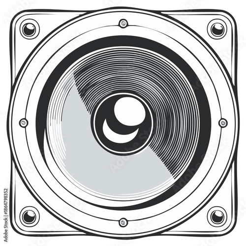 Stylized audio speaker illustration featuring bold concentric rings and dynamic sound wave elements in monochrome