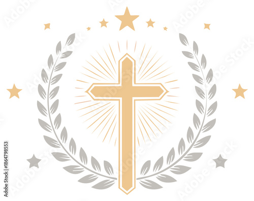 Golden Christian Cross Surrounded by Laurel Wreath and Stars