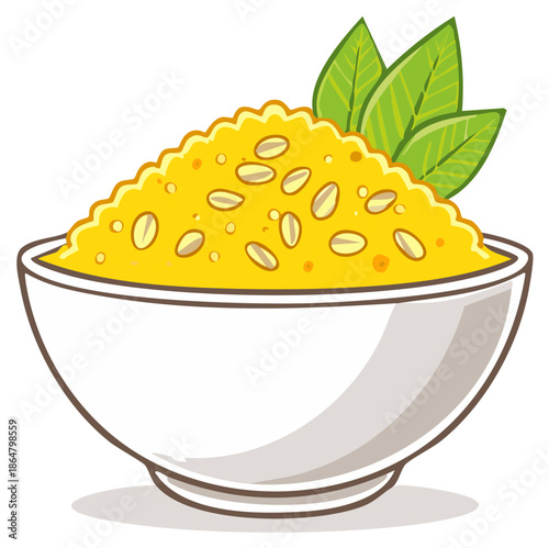 Bowl of yellow porridge with oat flakes and leaves on top, healthy breakfast