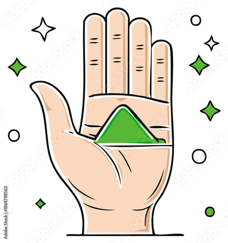 Hand with a green triangle and star sparkles. Graphic palm concept.