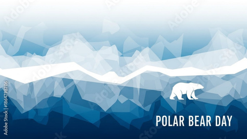 Low poly white polar bear walking on blue ice mountain landscape for world polar bear day conservation and climate change awareness with illustration