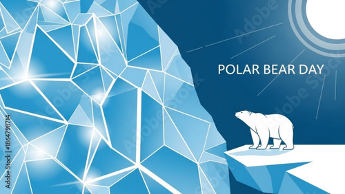Polar bear standing on ice cliff with geometric crystal background on polar bear day with climate change and environment and conservation and wildlife
