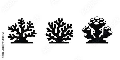 Underwater Coral Reef Silhouette Collection. Marine Coral Shapes Solid Icons
