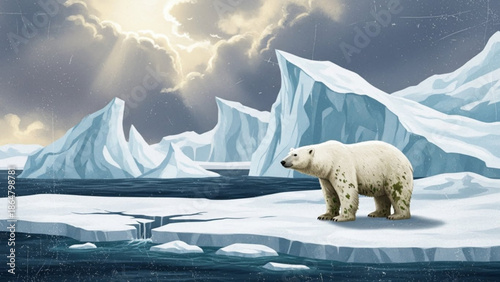 A lone polar bear standing on melting ice floes amidst majestic icebergs under a stormy sky with dark clouds and sunlight peeking through with climate change