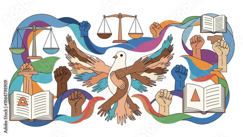 Diverse hands raised in solidarity with eagle, scales of justice, and open books symbolizing freedom, equality, and knowledge with diversity