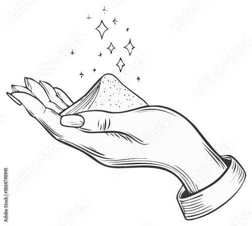 Stylized hand holding shimmering magic dust with glowing stars line art illustration