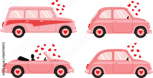 Romantic pink cartoon car set with heart decorations isolated on white background love themed vector illustration design valentine romance clipart