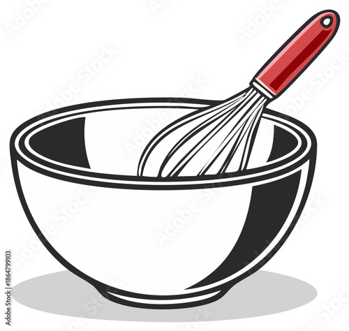 Vector illustration of a white mixing bowl and a red handled wire whisk for cooking and baking