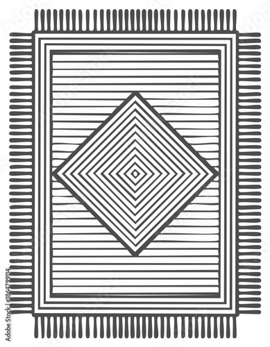 Geometric rug design with diamond pattern and fringe detail in black and white