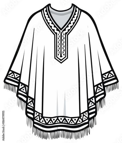 Hand Drawn Poncho with Geometric Designs and Tassels in Black and White
