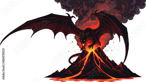 A majestic dragon emerges from a volcanic eruption, surrounded by lava and smoke, viewed from a distance.