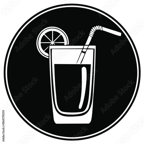 Refreshing Drink Glass with Lemon Slice and Straw within a Bold Circular Icon Design