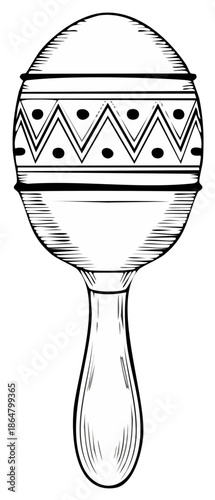 Isolated black and white drawing of a traditional maraca with a decorative patterned head and a long handle