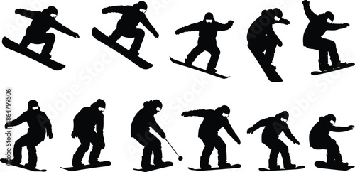 Snowboarding silhouette set showing snowboarder performing jumps, tricks, and downhill moves, winter extreme sport black vector illustration isolated on white background