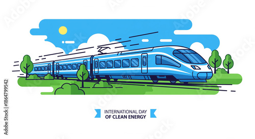 A sleek blue high-speed electric train speeds through a vibrant green landscape under a sunny sky, embodying clean energy and sustainable transportation for the International Day.