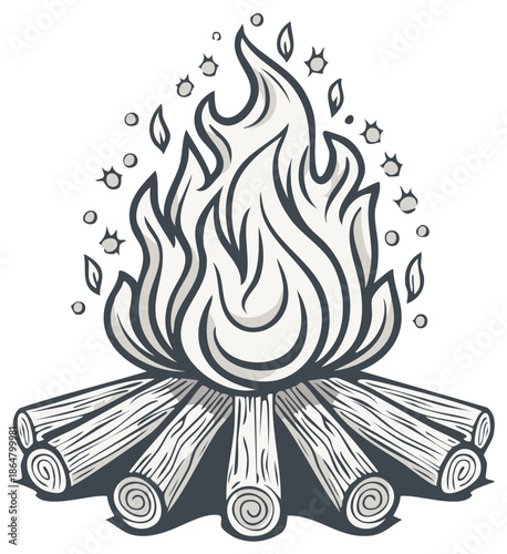 Monochrome cartoon campfire illustration with stacked logs and warm burning flames for outdoor adventures